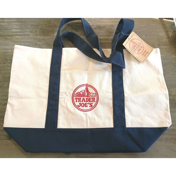 Trader Joe's Large Canvas Tote Bag New Beige Navy Blue - Picture 1 of 4